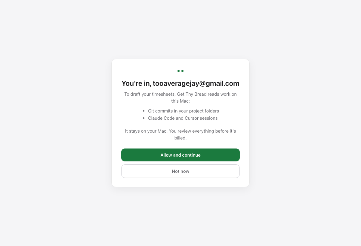 3 · Back in the app: the local-access step, naming the account you just used. Only after Allow and continue does the app look at your folders (this is where macOS asks about Desktop and Documents now, not over the welcome card).